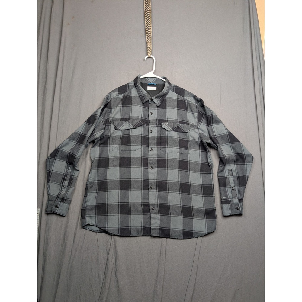 Columbia Mens Omni-Wick Plaid Flannel Button Down Shirt Gray Black XL